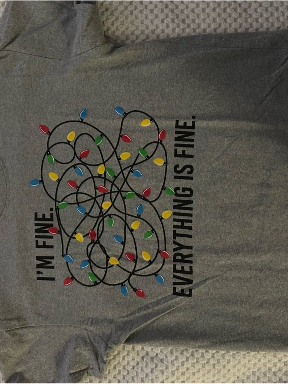 Grey Short Sleeve Tee — 'I'm Fine. Everything Is Fine.' Holiday Lights Graphic